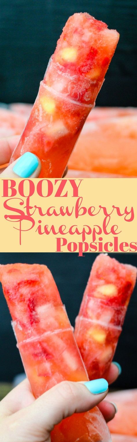 BOOZY Strawberry Pineapple Popsicles are full of fresh ingredients and a kick of rum. Why make traditional cocktails when you can have fun adult popsicles?! Adult Popsicles, Boozy Pops, Pineapple Popsicles, Boozy Ice Pops, Alcoholic Popsicles, Boozy Popsicles, Liquor Drinks, Boozy Drinks, Popsicle Recipes