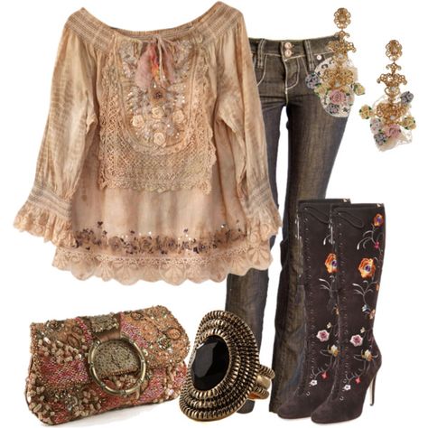 Boho outfit with Jimmy Choo boots Moda Hippie, Look Boho Chic, Boho Mode, Boots Jeans, Mode Hippie, Stil Boho, Estilo Hippie, Estilo Boho Chic, Boho Chic Outfits