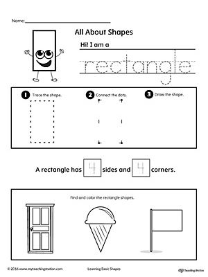 All About Rectangle Shapes Worksheet.Learn all about the rectangle shape in this math printable worksheet. Practice tracing, drawing, and coloring pictures of rectangle shapes. Mathematics Preschool, Shape Printables, Preschool Shapes, Shapes Worksheet Kindergarten, Shape Activities, Subtraction Kindergarten, Learn Shapes, Practice Tracing, Shapes Kindergarten