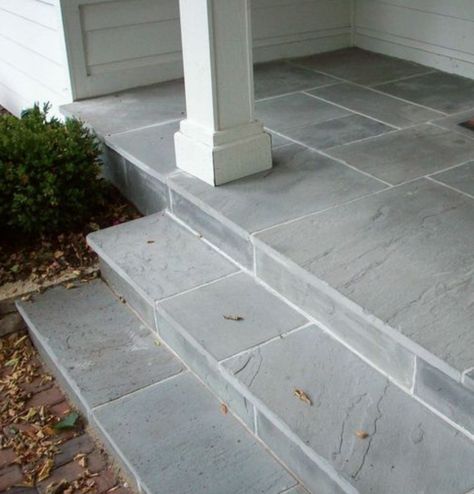 what about a lovely blue stone front stoop and the facade of the front stoop? Front Porch Stone, Stone Patio Designs, Veranda Design, Concrete Patio Makeover, Front Porch Steps, Porch Stairs, Front Stairs, Porch Tile, Concrete Patios