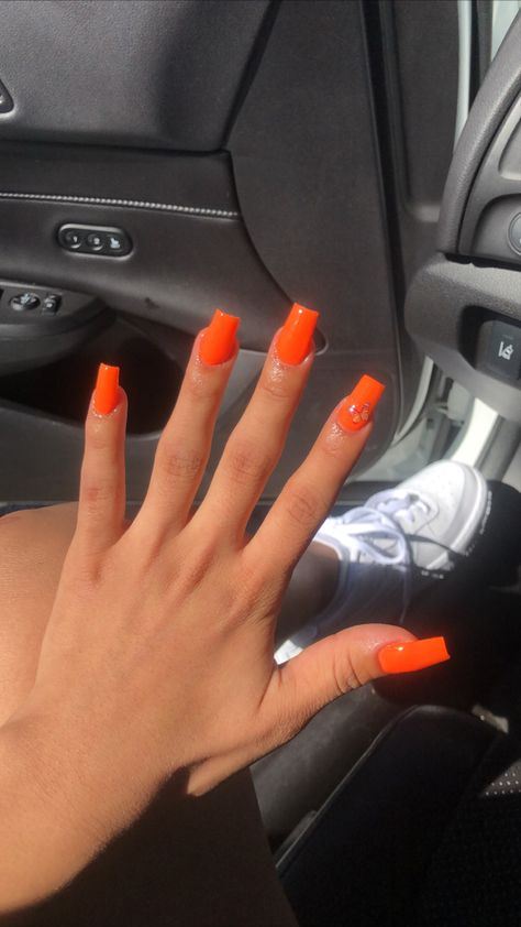 Square Orange Nails, Neon Orange Acrylic Nails, Orange Butterfly Nails, Bright Orange Nails, Neon Orange Nails, Orange Acrylic Nails, Pink Tip Nails, Ideas Uñas, Butterfly Nails