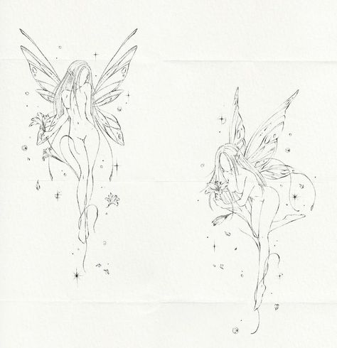 Whimsical Fairy Drawing, Fairy Design Tattoo, Pixie Tattoo Designs, Fairy Vibe Tattoos, Ethereal Art Sketch, Two Women Tattoo, Pretty Fairy Tattoo, Angel Fairy Tattoo, Fairy Tattoo Designs Unique