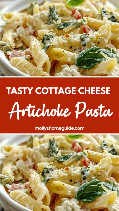 Indulge in a delightful culinary experience with this creamy cottage cheese and artichoke pasta recipe. The rich flavors of the cottage cheese perfectly complement the tanginess of the artichokes, creating a mouthwatering dish that is both satisfying and comforting. This easy-to-make pasta is a perfect choice for a cozy night in or a special dinner with loved ones. Treat yourself to this delicious meal tonight and savor every bite of this heavenly combination!  Ingredients 8-9 minutes cooked pen Cottage Cheese Dinner Recipes Healthy, Recipes Using Cottage Cheese Healthy, Cottage Cheese Casserole Recipes, Recipes With Cottage Cheese Healthy, Cottage Cheese Ideas, Cheese Casserole Recipes, Cottage Cheese Dinner, Low Calorie Pancakes, Cottage Cheese Pasta