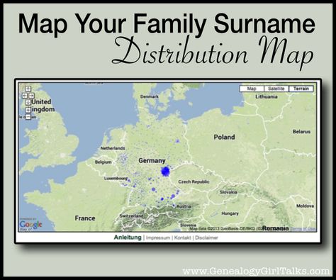 Map Your Family Surname - Distribution Map by Genealogy Girl Talks Girl Talks, Genealogy Map, Free Genealogy Sites, Genealogy Organization, Genealogy Search, Genealogy Help, Family Tree Research, Genealogy Websites, Ancestry Family Tree