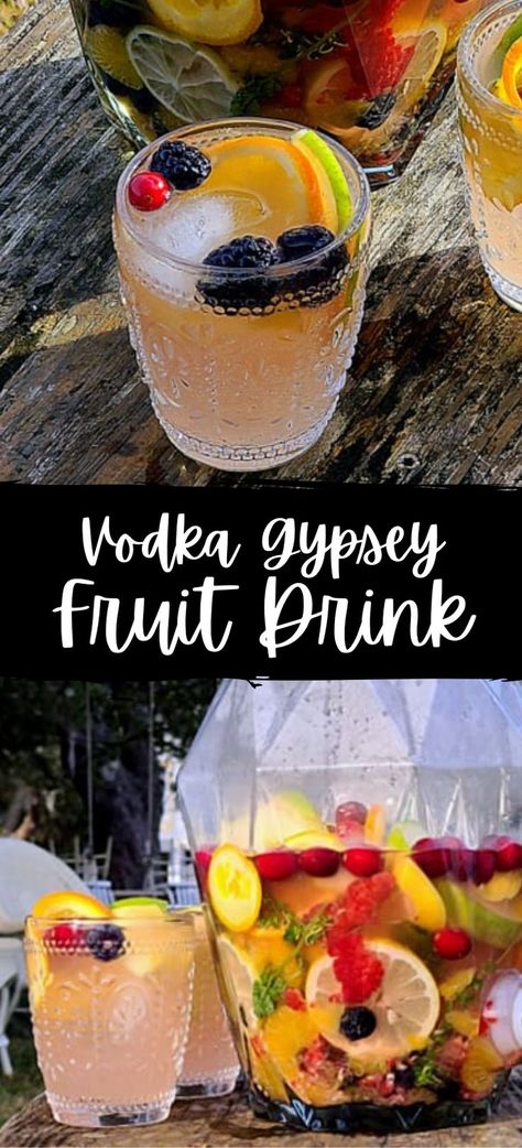 Collage of glassful of vodkay fruit cocktail at top and pitcher of vodka fruit cocktail at bottom. Vodka Infused Fruit, Easy Vodka Drinks, Refreshing Vodka Drinks, Drinks With Vodka, Infused Alcohol Recipes, Fruit Infused Vodka, Vodka Infusions, Diy Liquor, Infused Fruit