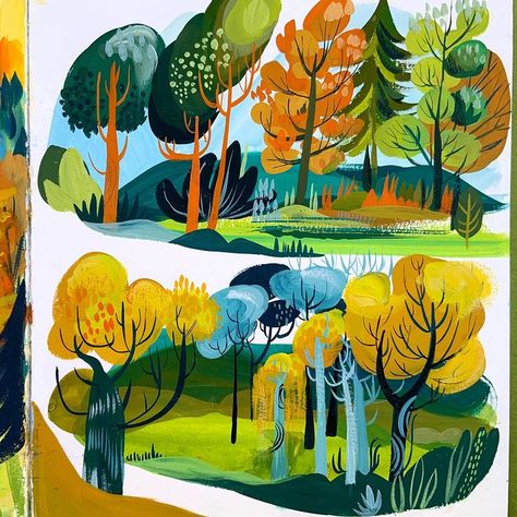 Maru Godas on Instagram: “#greenstudies Love to play with the double page layout. #limitedpalette #gouachepainting #gouache #illustration #doublepage #greens…” Gouache Illustration, 동화 삽화, Gouache Illustrations, Book Illustration Art, Gouache Art, Sketchbook Art Journal, August 26, Landscape Illustration, Sketchbook Inspiration