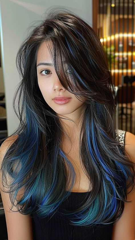 24 Glamorous Blue Black Hair Ideas Black Hair With Blue Highlights, Blue Hair Highlights, Blue Black Hair, Hair Color Underneath, Peekaboo Hair, Black Hair With Highlights, Dyed Hair Inspiration, Artistic Hair, Hair Inspiration Color