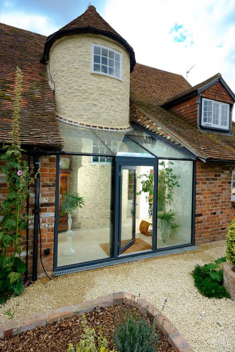 Small Sunroom Addition, Small Glass Extension, Glass Roof Extension, Link Extension, Kitchen Orangery, Tudor Manor, Porch Extension, Manor Interior, Orangery Extension