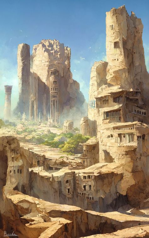 Desert Fantasy Art Cities, Mining Town Concept Art, Desert Wasteland Art, Desert Ruins Concept Art, Steampunk Desert City, Sun City Fantasy Art, Desert Caravan Fantasy Art, Dnd City Aesthetic, Desert Temple Concept Art