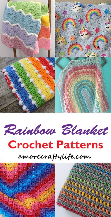 23 Colorful Rainbow Crochet Blanket Patterns to Make - A More Crafty Life Rainbow Through The Storm Crochet Blanket Free Pattern, Crochet Rainbow Blanket Free Pattern, Crochet Pattern Rainbow Blanket, Rainbow Afghan Crochet Pattern, Rainbow C2c Crochet Blanket, Rainbow Knitted Blanket, Fun Crochet Blanket Patterns Free, Crochet Multicolor Blanket, Rainbow Baby Crochet Blanket