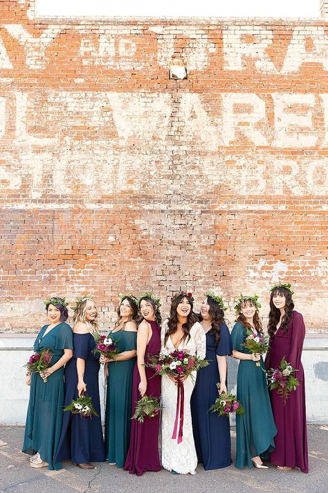 Jewel Tone Mixed Bridesmaids, Teal And Burgundy Bridesmaid Dresses, Moody Jewel Tone Wedding Decor, Jewel Tone Autumn Wedding, Moody Jewel Tone Bridesmaid Dresses, Jewel Tone Groomsmen Attire, Gem Tone Wedding, Autumn Bridesmaids, Jewel Tone Bridesmaid Dresses