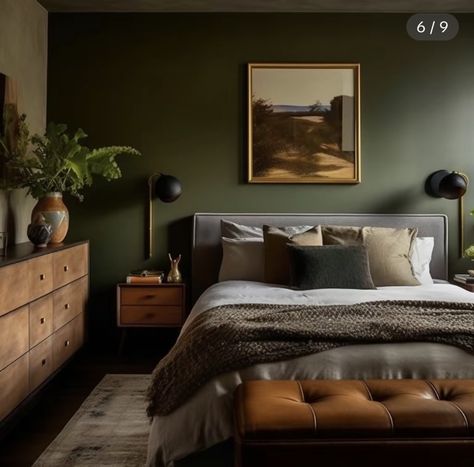 Mid Century Bedroom, Dark Bedroom, Mid Century Modern Bedroom, Brown Bedroom, Green Walls, Elegant Bedroom, Home Decorating Ideas, Green Rooms, Bedroom Green