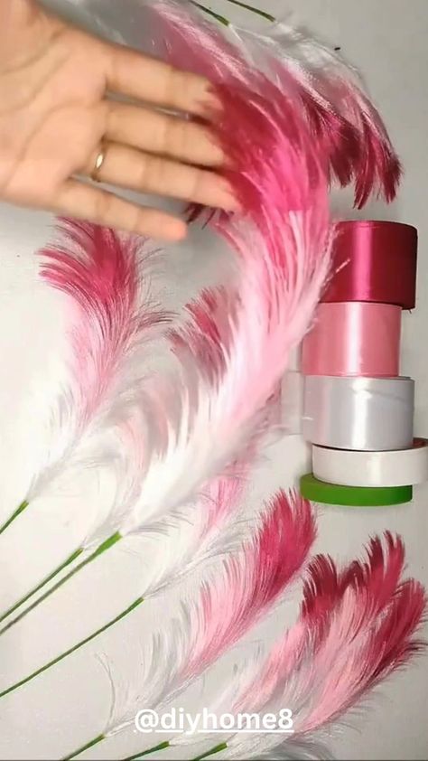 Flower Bouquet Home Decor, Things To Do With Feathers Crafts Ideas, How To Make Feathers Out Of Ribbon, Feather Art Diy Craft Ideas, Ribbon Feather Diy, Pink Christmas Table Decorations, Diy Christmas Picks And Sprays, Easy Craft Ideas For Adults Simple Diy Projects, Pink Video Aesthetic