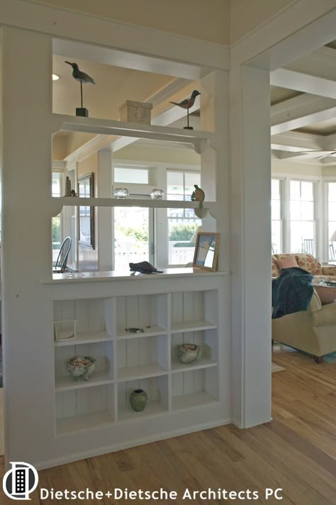 Cottage by the Sea | dietsche Small Pass Through Window Kitchen, Half Wall Room Divider Ideas, Internal Window Between Rooms, Column Kitchen, Half Wall Kitchen, Half Wall Room Divider, Half Wall Ideas, Ny House, Kitchen Pass