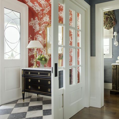 Alexandra rae - entry foyer - sliding French Doors #victorianinterior Gracie Wallpaper, Sliding French Doors, Stylish Bedroom Design, Foyer Design, Living Room Remodel, Dressing Room Design, Entry Way, Room Remodeling, Entry Foyer