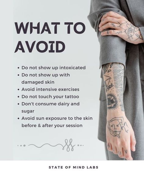 1050 Guidelines on what to avoid for tattoo care: intoxication, damaged skin, exercise, sun exposure, dairy, and touching tattoos. | Sky Rye Design Fixing A Bad Tattoo, How To Prepare For A Tattoo, Things To Know Before Getting A Tattoo, Tattoo Begginer Tips, What To Do Before Getting A Tattoo, Tattoo Preparation Tips, Tattoo Knowledge, Tattoo Preparation, Tattoo Learning