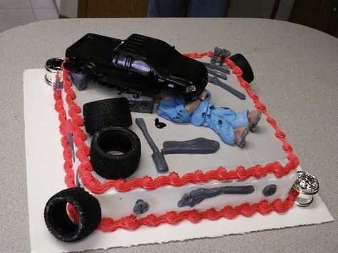 mechanic dream - for every man that likes ti tinker in the garage. all icing and fondant but the truck. when you pick the truck up the man under is sleeping. what men really do under the truck Mechanics Birthday Party, Mechanics Birthday Cake, Mechanic Cake, Mechanics Birthday, Happy Birthday Image, Tire Cake, Dream Birthday, Birthday Image, Birthday Cakes For Men