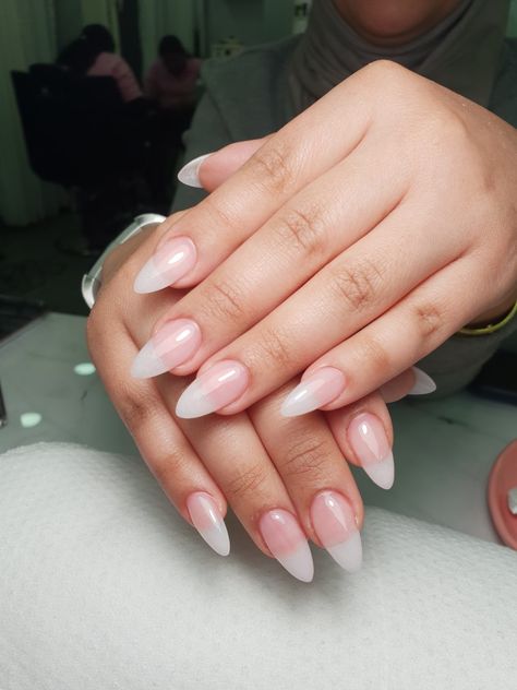 Almond Nails Translucent, Hyper Realistic Nails Almond, Almond Shaped Nails Clear Pink, Clear Pink Gel Nails Almond, Clear Pink Almond Nails, Pink Gel Extension Nails Almond, Long Natural Nails, Pointed Nails, Gothic Nails