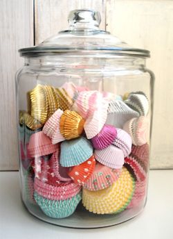 cute kitchen counter decor. I have all my cupcake papers in a drawer and these would be perfect in a cute jar! Baking Center, Back To University, Diy Cupcakes, Cupcake Cases, Paper Cupcake, Cupcake Wrappers, Cupcake Liners, Kitchen Pantry, Kitchen Stuff