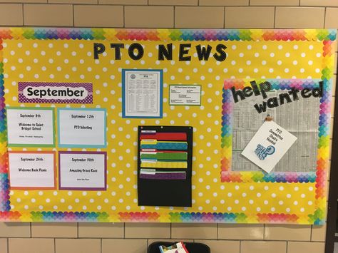 This is my first bulletin board as PTO President.  I looked at Pinterest for ideas and this is what we came up with.  We want to highlight the coming events.  Have folders for important forms and then Help Wanted.  This was so much fun and I thank everyone for sharing their ideas. Information Bulletin Board Ideas, Pto Fundraising Ideas, Parent Bulletin Boards, Information Bulletin Boards, Pto Bulletin Board, Pta Bulletin Boards, Pto Mom, Pto Meeting, Pta Board