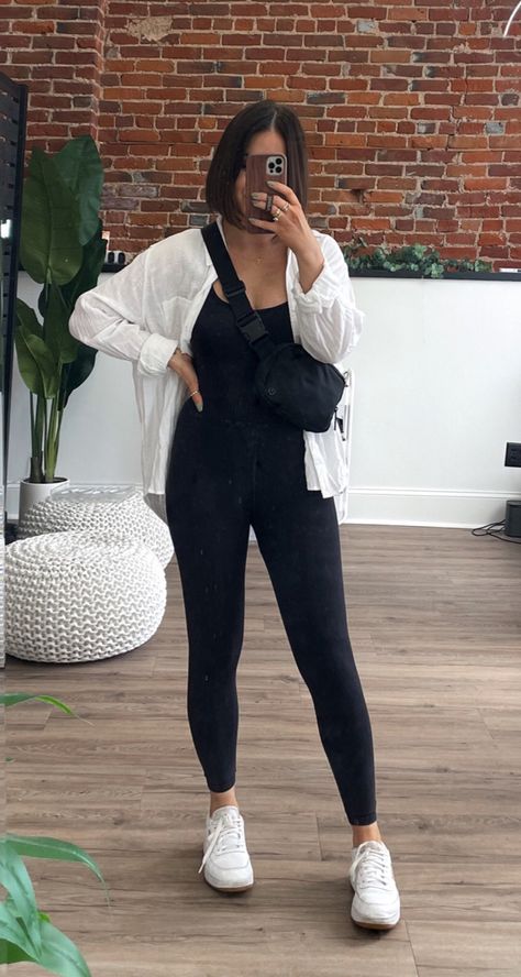 White Shoes Casual Outfit, Comfy Outfits Leggings Summer, White Button Up And Leggings, White Button Up With Leggings, All In One Jumpsuit Outfit, Basic Errand Outfits, Legging Onesie Outfit, Jumpsuit Outfit Leggings, Relaxed Everyday Outfit