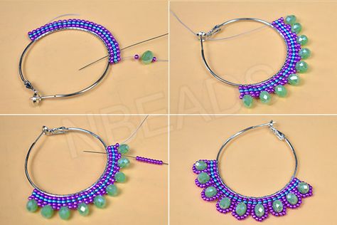 Seed Bead Crafts Rings, Seed Beads Hoop Earrings, Beading Hoops Tutorial, Seed Bead Hoop Earrings Patterns, Hoop Earring Designs, Beaded Hoops Tutorial, How To Make Beaded Hoop Earrings Tutorials, Diy Beaded Hoop Earrings, Seed Bead Hoop Earrings Tutorial