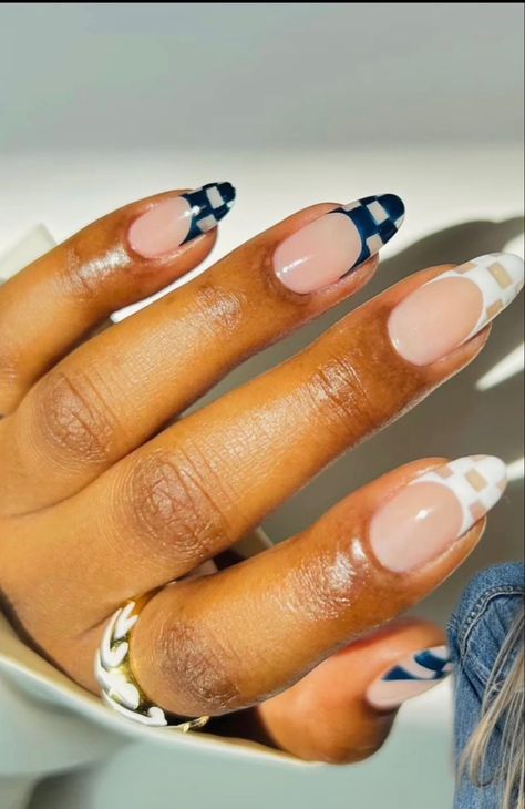 Checkered French Tip Nails, Brown Checkered Nails, Gingham Nails, Navy Blue Nail Designs, Checkered Nails, Navy Blue Nails, Check Mate, Checker Design, Blue Tips