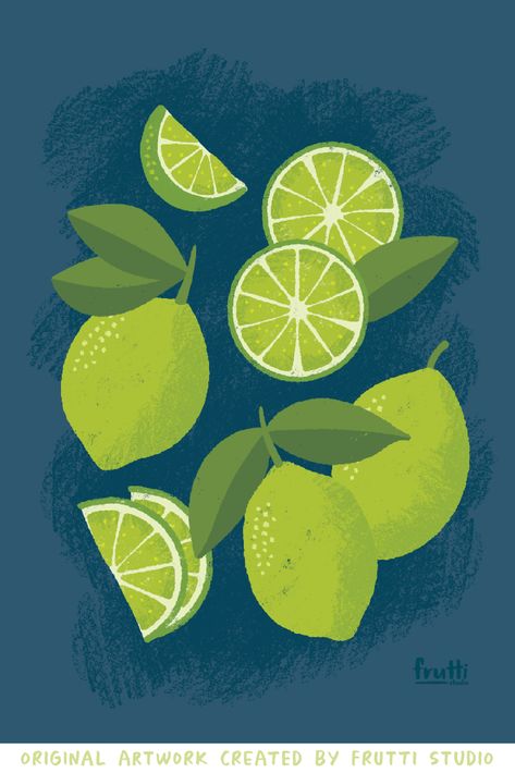 limes illustration Fruit Illustration Design, Cute Fruit Drawings, Lime Art, Green And Blue Art Print, Lime Illustration, Lime Paintings Easy, Lime Paintings, Fruit Pattern Illustration, Citrus Illustration Graphic Design