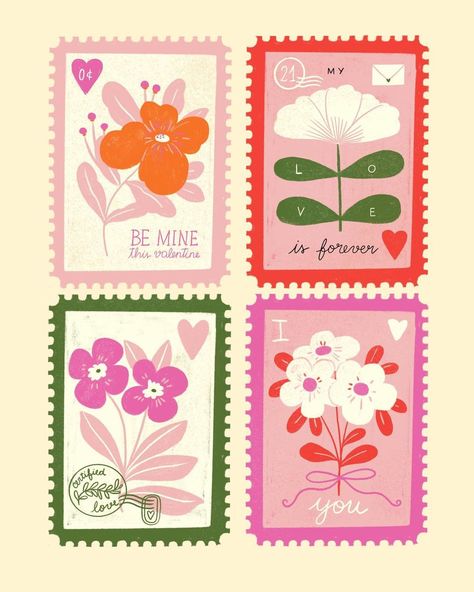 postcard-design Postcard Stamp Design, Stamp Illustration Design, Post Card Design Creative, Post Card Illustration, Cute Card Designs, Valentines Card Ideas, Stamps Illustration, Illustration Design Ideas, Floral Design Illustration