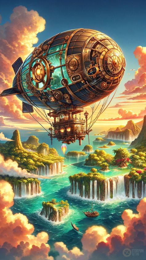 Join the soaring voyage of this majestic steampunk blimp as it unveils a hidden island, where the mysteries of a new world await to be uncovered. Surreal World, Steampunk Fantasy World, Steampunk Phone Wallpaper, Blimp Steampunk, Steampunk Scenery Landscapes, Ghost Ship Art, Steampunk Blimp Concept Art, Steampunk Wallpaper, Underwater Steampunk City