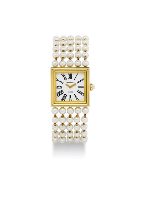 CHANEL. A LADY'S 18K GOLD AND CULTURED PEARL-SET SQUARE BRACELET WATCH, SIGNED CHANEL, PARIS, MADEMOISELLE MODEL, CASE NO. M.E. 10375, CIRCA 1995 | Christie's Square Bracelet, Chanel Watch, Chanel Paris, Pearl Set, Bracelet Watch, 18k Gold, Chanel, Paris, Bracelet