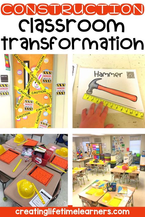 Teacher Construction Theme, Construction 100 Days Of School, Construction Themed Classroom Ideas, Construction Room Transformation Kindergarten, 2nd Grade Math Room Transformations, Construction Zone Classroom, Construction Day At School, 1st Grade Room Transformations, Construction Theme Classroom Transformation