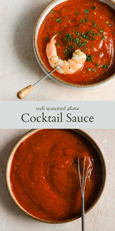 Omg this is the easiest homemade cocktail sauce ever! Perfect with shrimp or other seafood, and comes together in minutes! You're totally going to love this and make it on repeat! Sauce For Seafood, Shrimp Cocktail Sauce, Homemade Cocktail Sauce, Cocktail Sauce Recipe, Cocktail Shrimp Recipes, Vegetable Appetizers, Steamed Shrimp, Spicy Cocktail, Shrimp Sauce