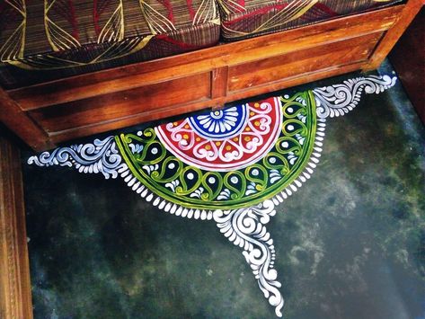 Alpana Designs Colourful, Permanent Rangoli With Paint, Rangoli With Paints On Floor, Oil Paint Rangoli Designs On Floor, Rangoli Painting On Floor, Paint Rangoli Designs On Floor, Painting Rangoli Design, Kolka Design, Rangoli Painting