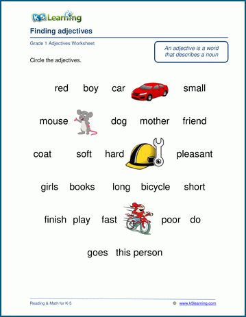 Grade 1 Adjectives Worksheets | K5 Learning Describing Words Worksheet For Grade 1, Adjectives Worksheet For Grade 1, Description Prompts, Unique Adjectives, Comprehension Kindergarten, Adjectives Worksheet, Teaching Adjectives, Common Adjectives, Articles Worksheet