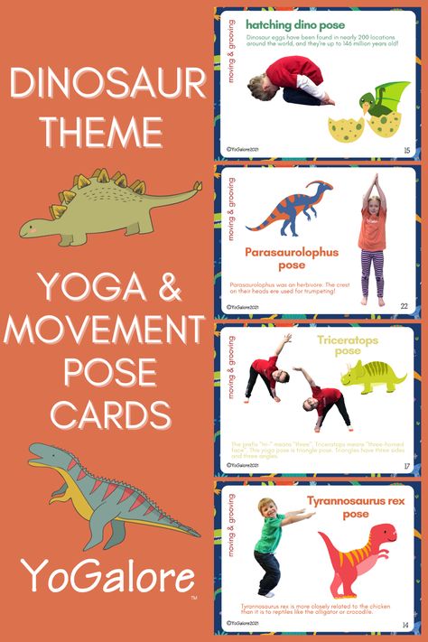 These dinosaur yoga and movement cards will get your students moving and grooving while learning some fun dinosaur facts! Dinosaur Yoga, Dinosaur Lesson, Dinosaur Classroom, Dinosaur Theme Preschool, Dinosaur Activity, Movement Cards, Dinosaur Activities Preschool, Dinosaur Facts, Yoga Games