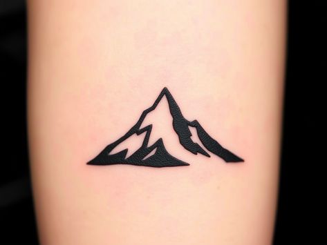 Minimalist Mountain: A minimalist tattoo design of a mountain silhouette, featuring clean and sharp lines. The mountain is depicted in a simple, geometric form, with no additional details or textures. The design is done in black ink, highlighting the bold and rugged beauty of the mountain peak. The minimalist style evokes a sense of strength, resilience, and adventure, making it an ideal choice for nature enthusiasts, hikers, or anyone who appreciates the majesty of mountains. Mountain Silhouette Tattoo, Mountain Peak Tattoo, Peak Tattoo, Minimalist Tattoo Design, Silhouette Tattoo, Minimalist Mountain, Mountain Silhouette, Silhouette Tattoos, Mountain Peak