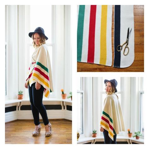 Interesting idea. -  Do you have a favorite blanket that's outlived its usefulness as a throw? Heres how to make a poncho from it! Poncho Made Out Of Blanket, Poncho From Scarf Diy, Diy Poncho No Sew, Poncho From Blanket Diy, How To Make A Fleece Poncho, Making A Poncho From A Blanket, No Sew Fleece Poncho, How To Make A Poncho, No Sew Cape