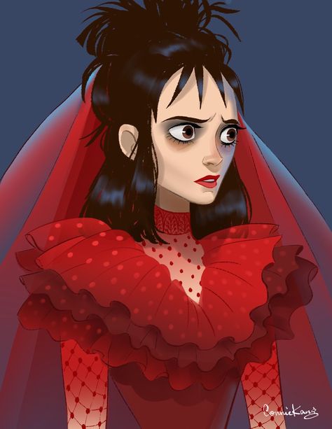 Lydia Deetz Cartoon, Beetlejuice Lydia Deetz, Lydia Beetlejuice, Shadow Monster, Red Wedding Dress, Lydia Deetz, Caricature Artist, Pretty Drawings, Fantasy Movies