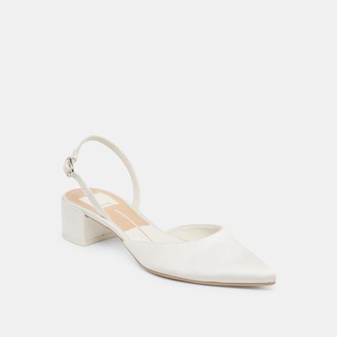 CAREL HEELS TRUE WHITE SATIN – Dolce Vita Wedding Shoes Bride Comfortable, Shoes Bride, Slingback Mules, Dreamy Whites, Wedding Shoes Bride, Crafts From Recycled Materials, Say Yes, White Satin, Wedding Season