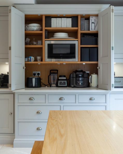 Appliance Cubby Kitchen, Hidden Cupboard Kitchen, Coffee Garage In Kitchen, Appliance Garage With Microwave, Butlers Pantry With Microwave, Built In Appliance Cabinet, Appliance Cabinet Kitchen, Pantry Press, Dresser Pantry