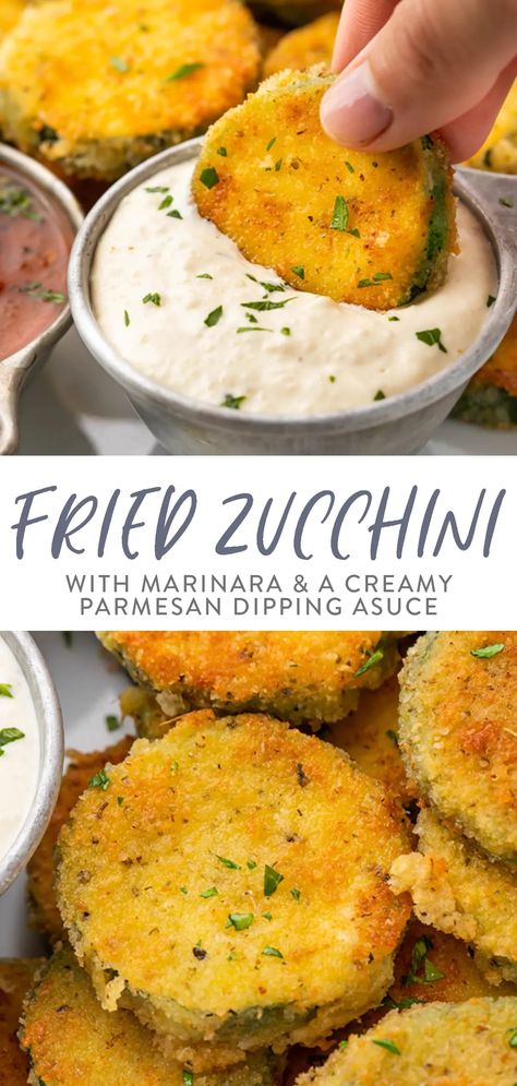 These crispy fried zucchini are coated with a parmesan breading and pan fried to perfection. Served with a creamy parmesan dipping sauce and perfect with marinara, this restaurant-style appetizer is simply delicious! Parmesan Dipping Sauce, Crispy Fried Zucchini, Fried Zucchini Recipes, Creative Meals, Easy Zucchini Recipes, Fried Zucchini, Veggie Fries, Dipping Sauces Recipes, Meatless Main Dishes