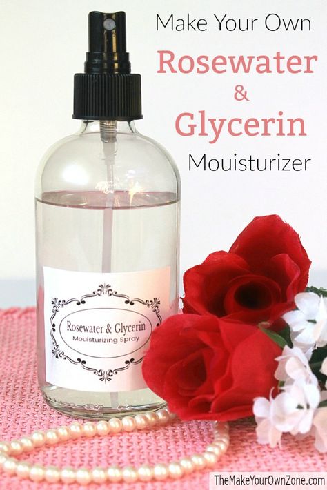 Natural homemade moisturizing spray made with rosewater and glycerin. A great way to make your own DIY moisturizer for dry skin! Rose Water Glycerin Diy, Rose Water And Glycerin, Rosewater And Glycerin, Rosewater Face Mist, Glycerin For Face, Glycerine And Rose Water For Face, Glycerine For Skin Faces, How To Use Glycerin For Skin, Glycerine For Skin Diy