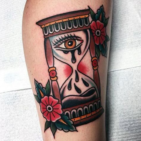 Mens Traditional Hourglass With Eye Tears Leg Tattoo Traditional Tattoo Eye, Traditional Tattoo Old School, Neotraditional Tattoo, Sunset Tattoos, Hourglass Tattoo, Traditional Style Tattoo, Date Tattoos, Traditional Tattoo Sleeve, Hawaiian Tattoo