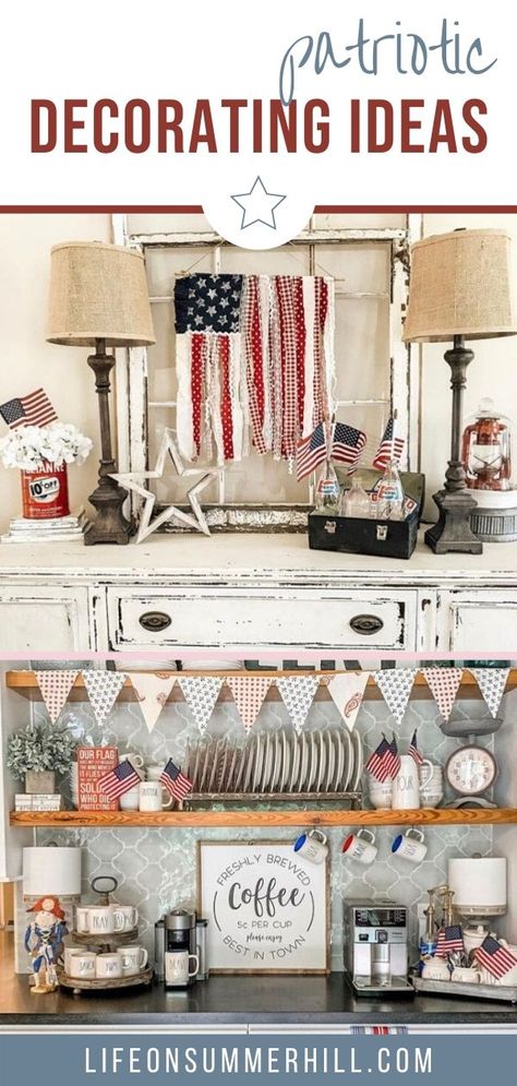 Outdoor Americana Decor, Diy Red White And Blue Decor, Americana Table Decor, Americana Mantle Decor, Patriotic Office Decor, Red White And Blue Home Decor, Coastal Americana Decor, Neutral Patriotic Decor, Vintage Flag Decor