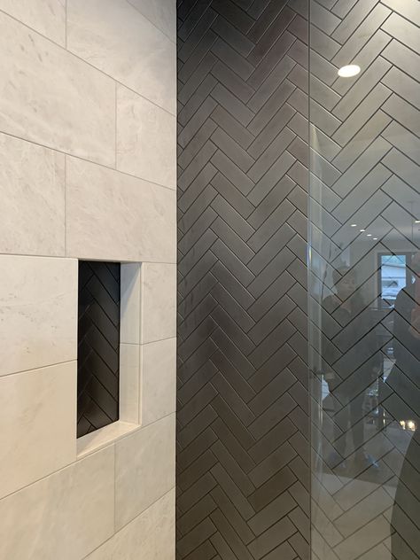 Gray Bathroom Backsplash Ideas, Masculine Grey Bathroom, Modern Tile Master Bath, Gray Tile Floors Bathroom, Dark Grey Top Bathroom Vanity, Mix And Match Kitchen Backsplash, Black Limestone Bathroom, Contrasting Shower Tile, Two Toned Tile Bathroom