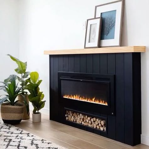 Plywood Fireplace, Small Electric Fireplace Ideas, Black Fireplace Wall, Electric Fireplace Bedroom, Fireplace Electric, Fireplace Gallery, Fireplace Diy, Recessed Electric Fireplace, Wall Mounted Fireplace