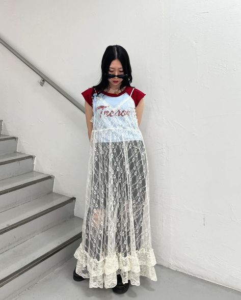 White Grunge Outfit, Lace Tank Layered Outfit, Lace Skirt Under Oversized Shirt, Lace Tank Top Outfit Layered, Lace Tank Top Outfit Layered Y2k, White Lace Dress Street Style, Mesh Dress Outfit, Lcd Soundsystem, November Fashion