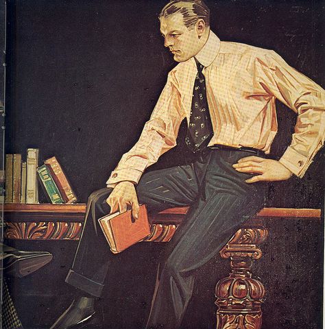 Joseph Christian Leyendecker (1874-1951) Vintage Illustration  Arrow Collars Advertisement Arte Pulp, People Reading, Mens Fashion Illustration, American Illustration, 캐릭터 드로잉, Norman Rockwell, Sanskrit, Pics Art, Magazine Design