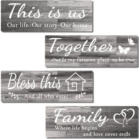 4 PCS Home Wall Decor Signs, IDATOO Rustic Wooden Living Room Hanging Decorations with Quotes THIS IS US/TOGETHER/BLESS THIS/FAMILY, Housewarming Gifts for Wedding Kitchen (Grey, 15 x 5.1 inch) Dining Room Decor Apartment, Wall Decor Signs, Decor Apartment Ideas, Kitchen Grey, Wooden Living Room, Dining Room Decorating, Home Decor Hooks, Gifts For Wedding, Apartment Style